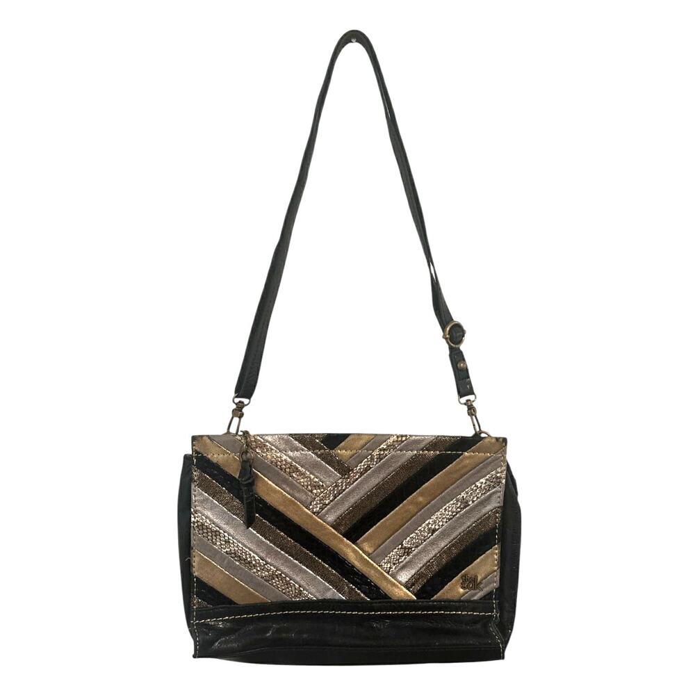 The Sak 100% Leather Black Shoulder Crossbody Handbag Metallic Snake Print Front